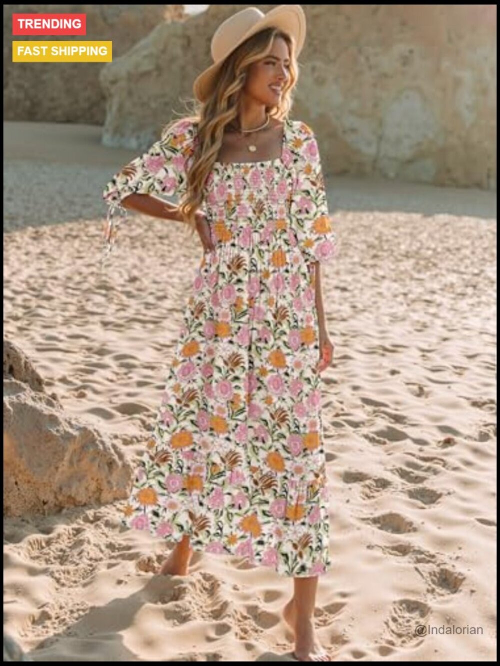 Puff Sleeve Square Neck Smocked A-Line Maxi Dress with Pockets - Picture 4 of 7